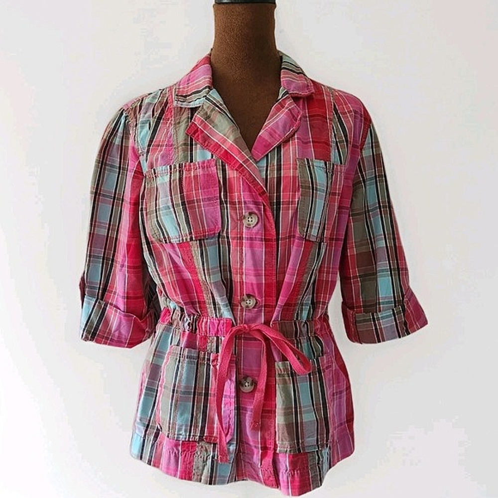 French Cuff Plaid Jacket Blazer Y2K Size M Drawstring Waist Women's Colorful